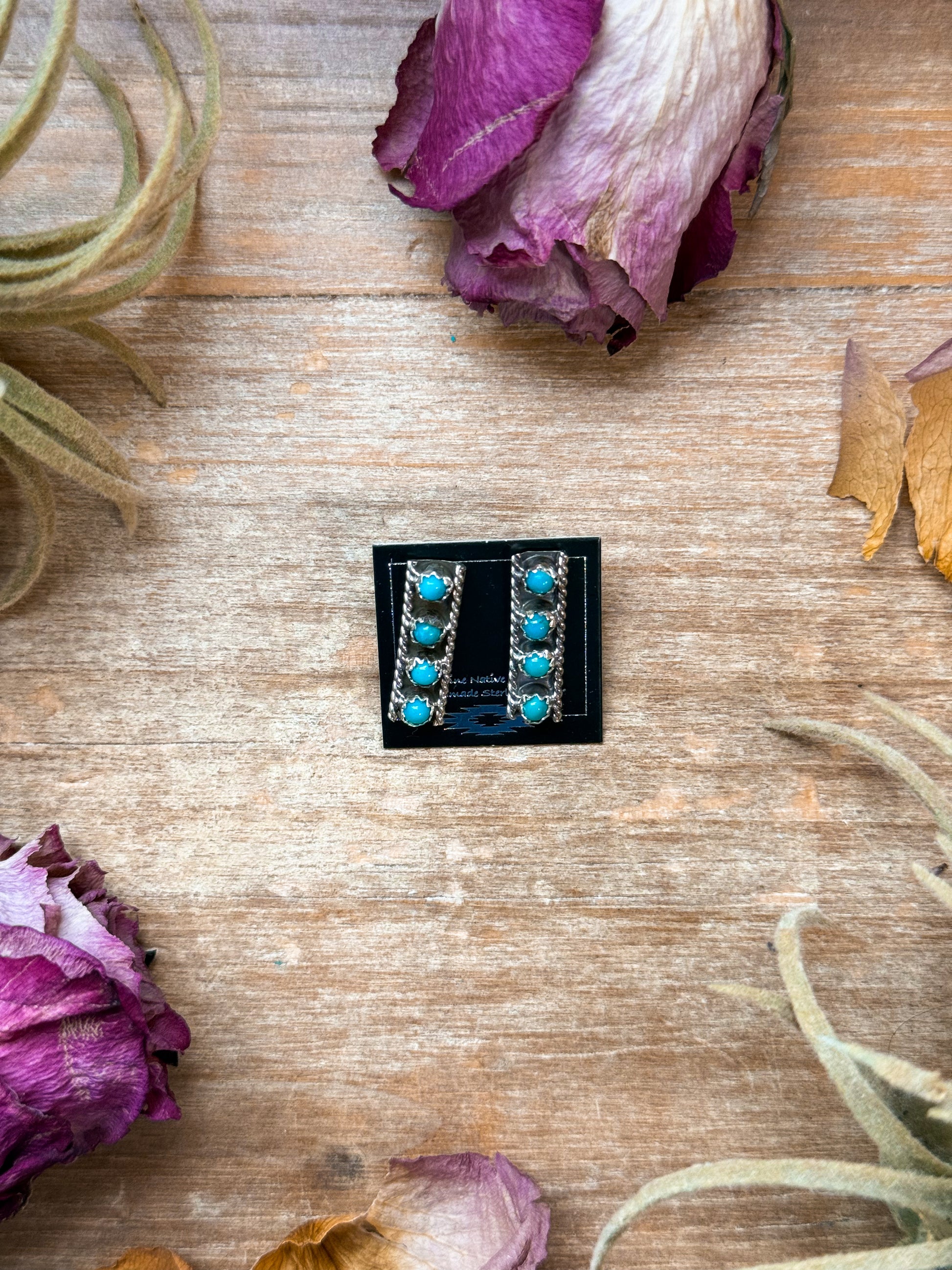 Sterling silver long stud earrings with Kingman turquoise, Native made, handmade in USA, each pair unique