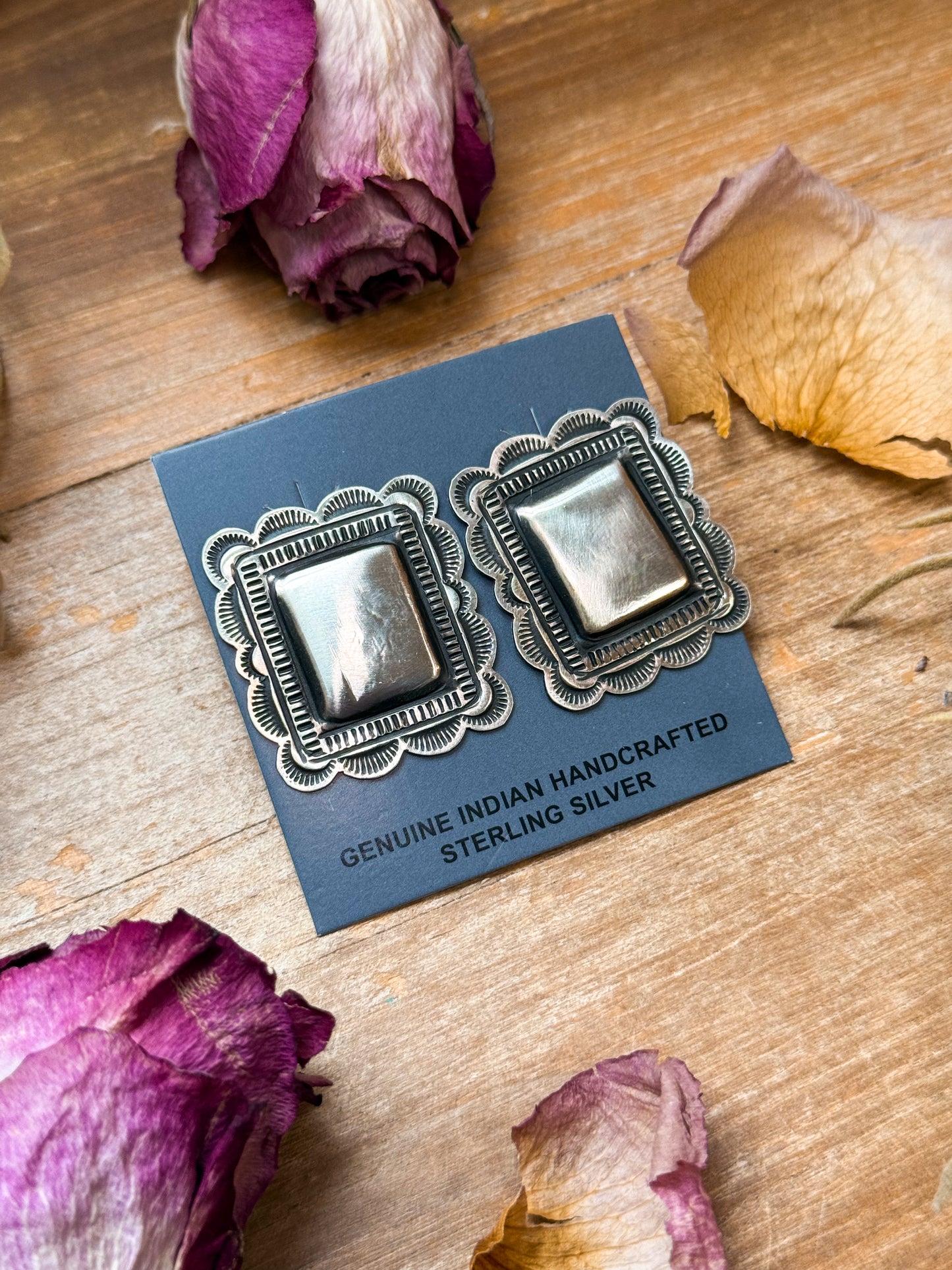 Sterling silver square stud earrings stamped L. Tahe by artist Leander Tahe, handmade in the USA