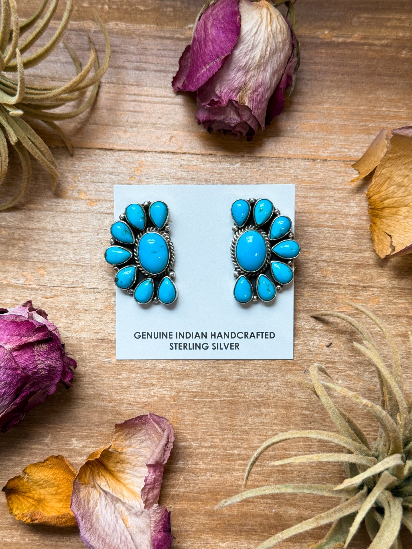 Sterling silver Kingman turquoise half-cluster earrings, Native made by Navajo artist E. Richards, stud on top, handmade in USA
