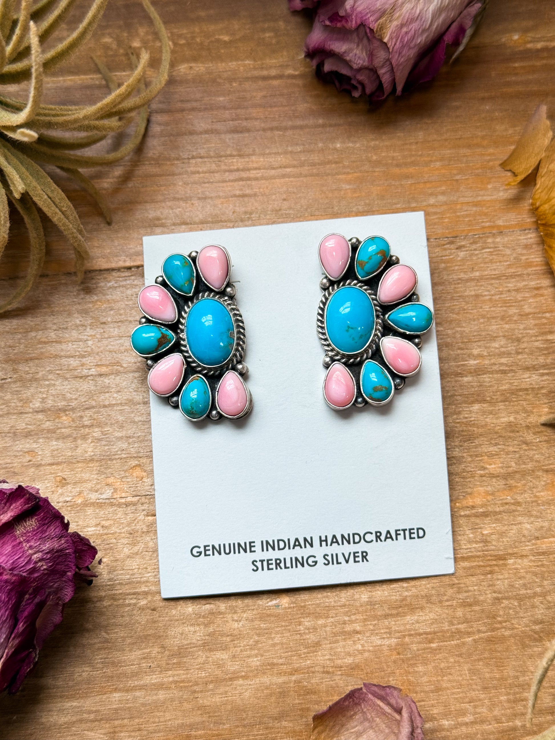 Sterling silver half-cluster earrings with pink conch and Kingman turquoise, Native made by Navajo artist E. Richards, handmade in USA