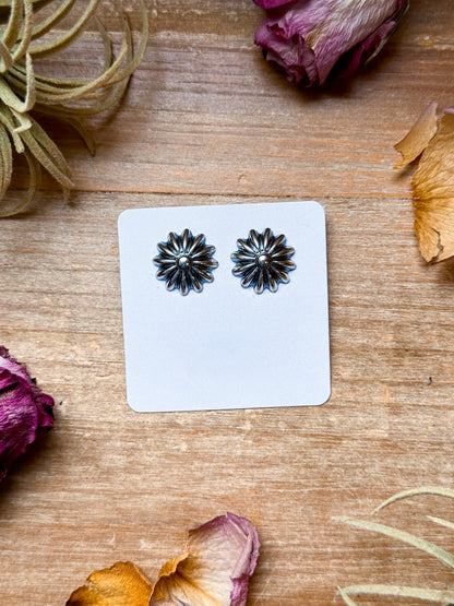 Sterling silver Concho stud earrings with post in the middle, handmade in USA, lightweight Western design