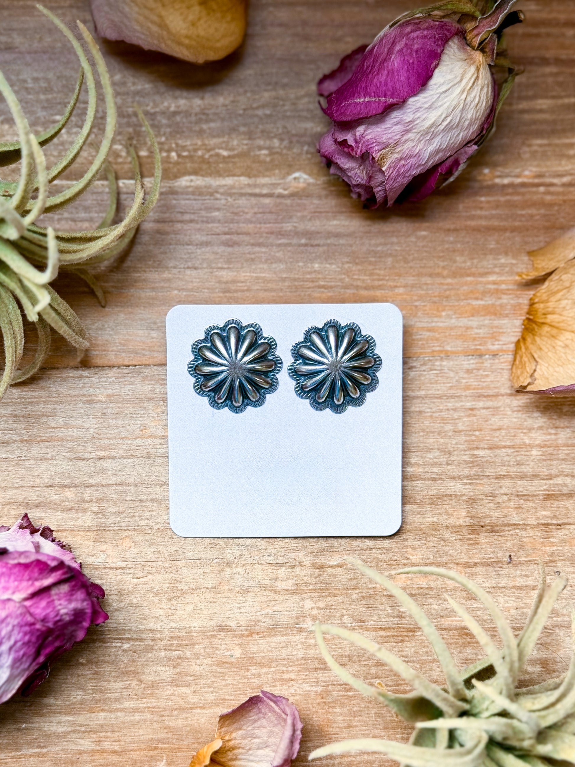 Large sterling silver Concho stud earrings with post in the middle, handmade in USA, Western stamp design