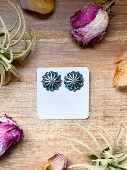 Large sterling silver Concho stud earrings with post in the middle, handmade in USA, Western stamp design