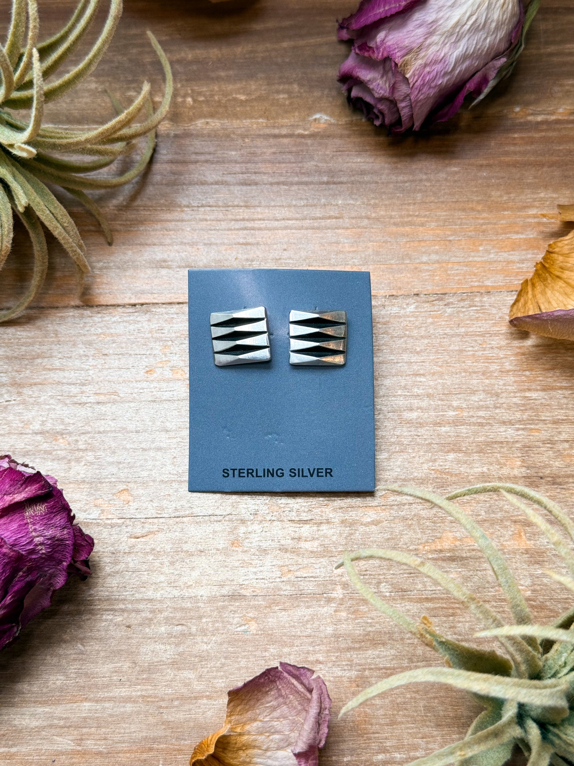 Sterling silver square stud earrings, Native made by Navajo artist L. Tahe, post in the middle, handmade in USA
