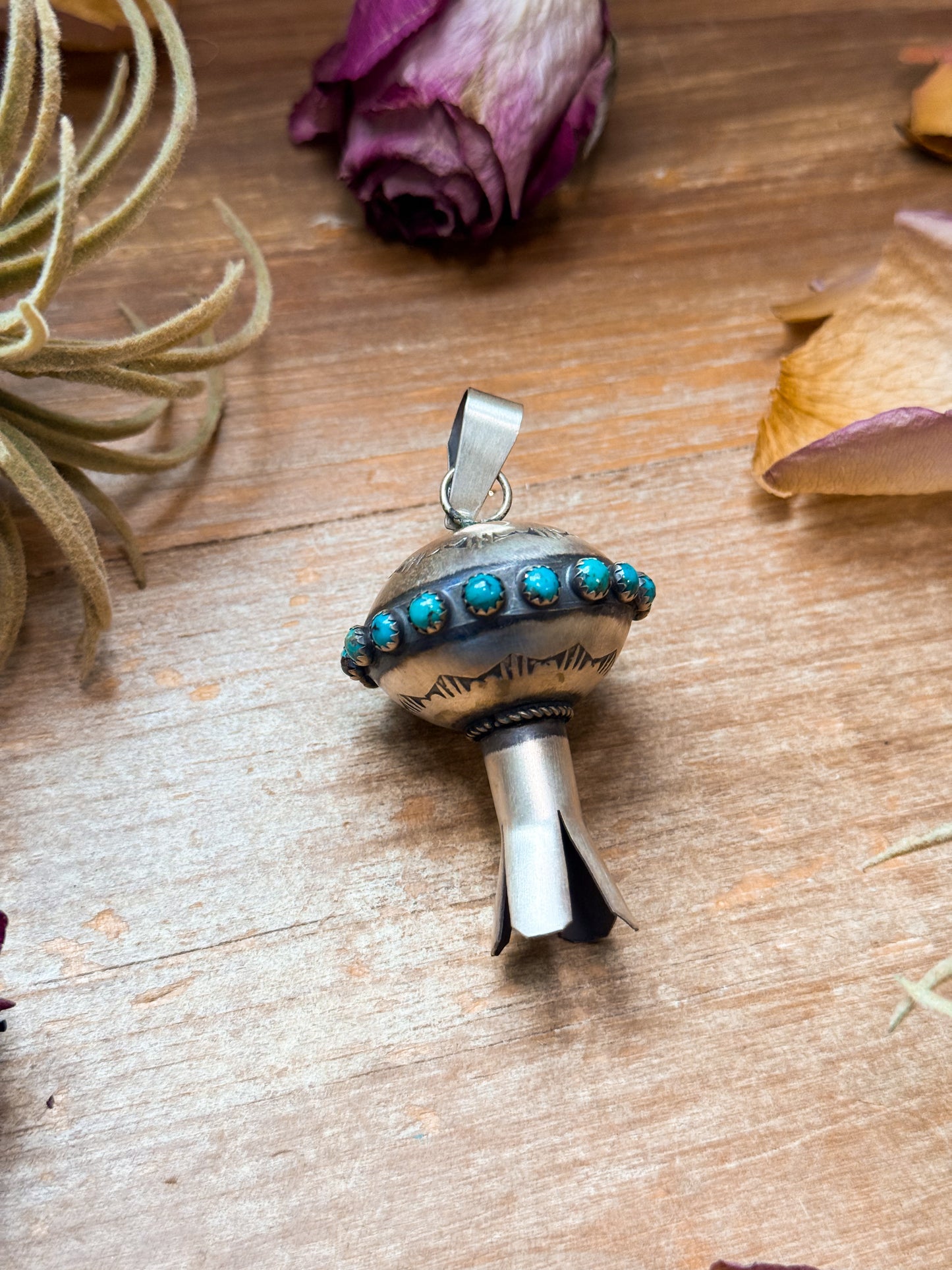 Sterling Silver Blossom Pendant with Kingman Turquoise – Native Made by M.S.