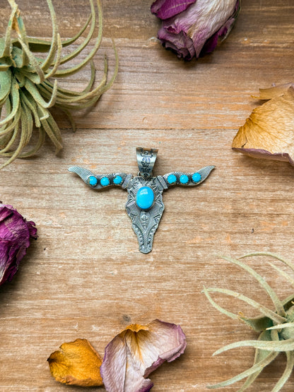 Sterling Silver Longhorn Pendant with Golden Hill Turquoise – Native Made by Leroy James (Navajo Artist)