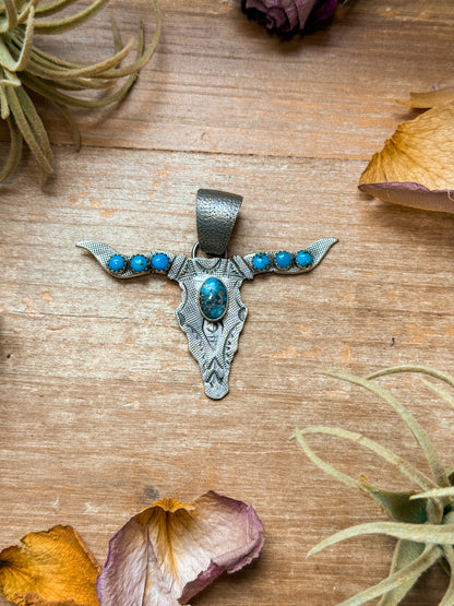 Sterling silver longhorn pendant with Kingman turquoise, Native made by Navajo artist Leroy James, fits 10 mm chain, handmade in USA
