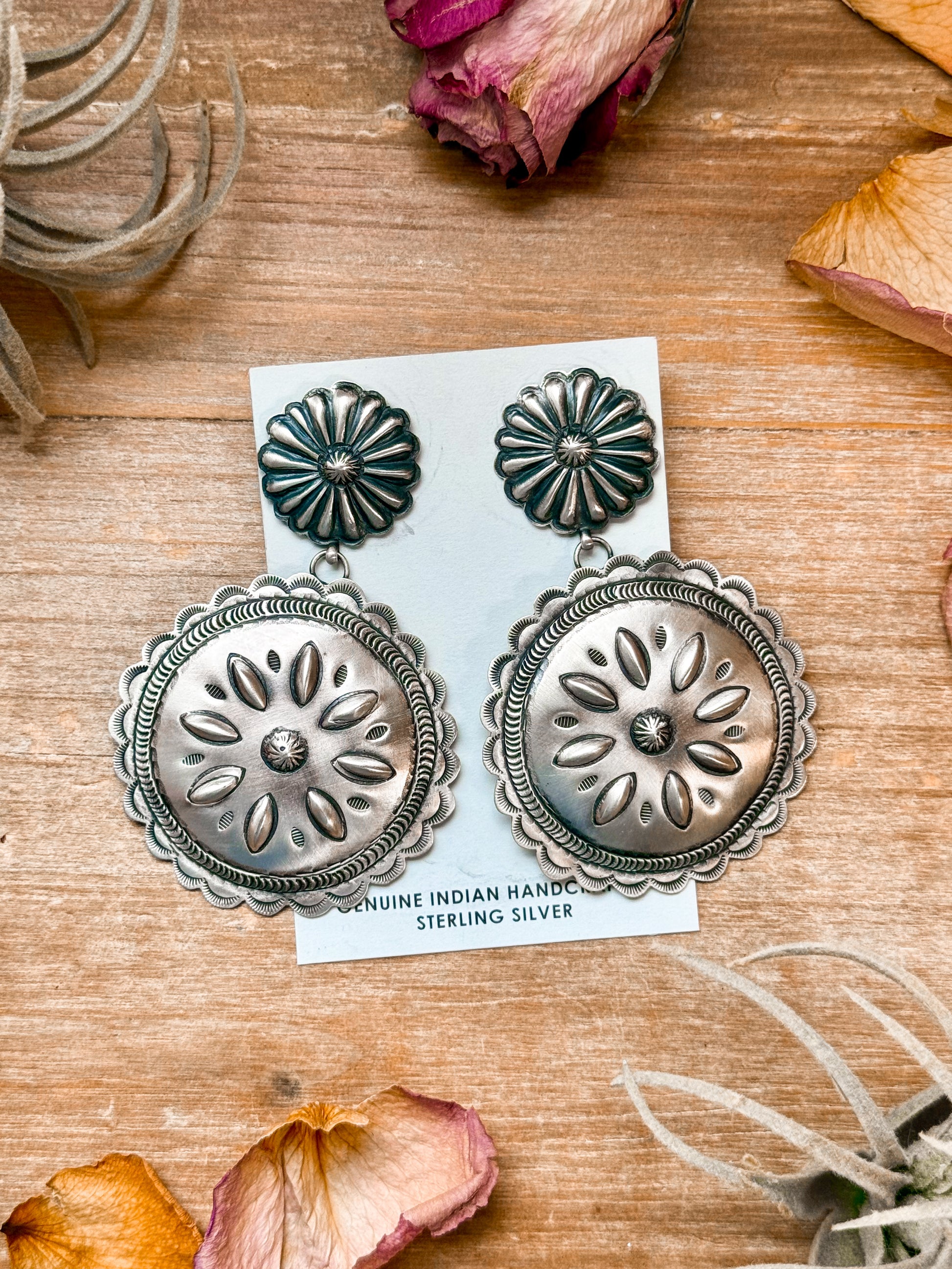 Sterling silver dangle earrings with stud on top, Native made by Navajo artist Eugene Charles, handmade in USA