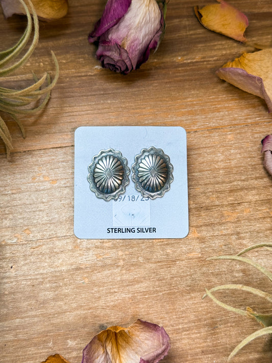 Sterling silver concho stud earrings with post on top, lightweight, handmade in USA