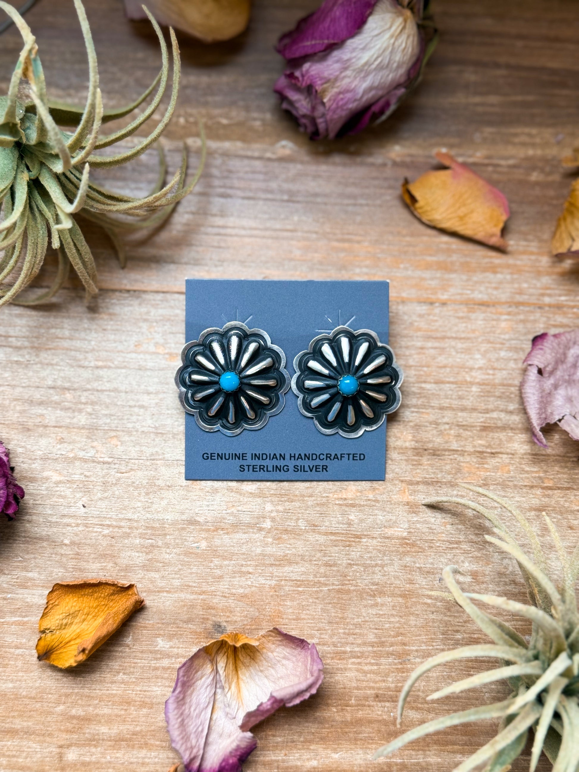 Sterling silver concho earrings with Kingman turquoise, Native made, post on top, stamped Sterling, handmade in USA