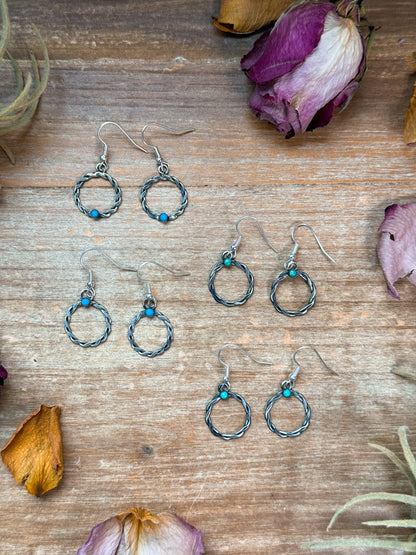 Sterling silver mini hoop dangle earrings with turquoise stone, Native made, artist unknown, lightweight, handmade in USA