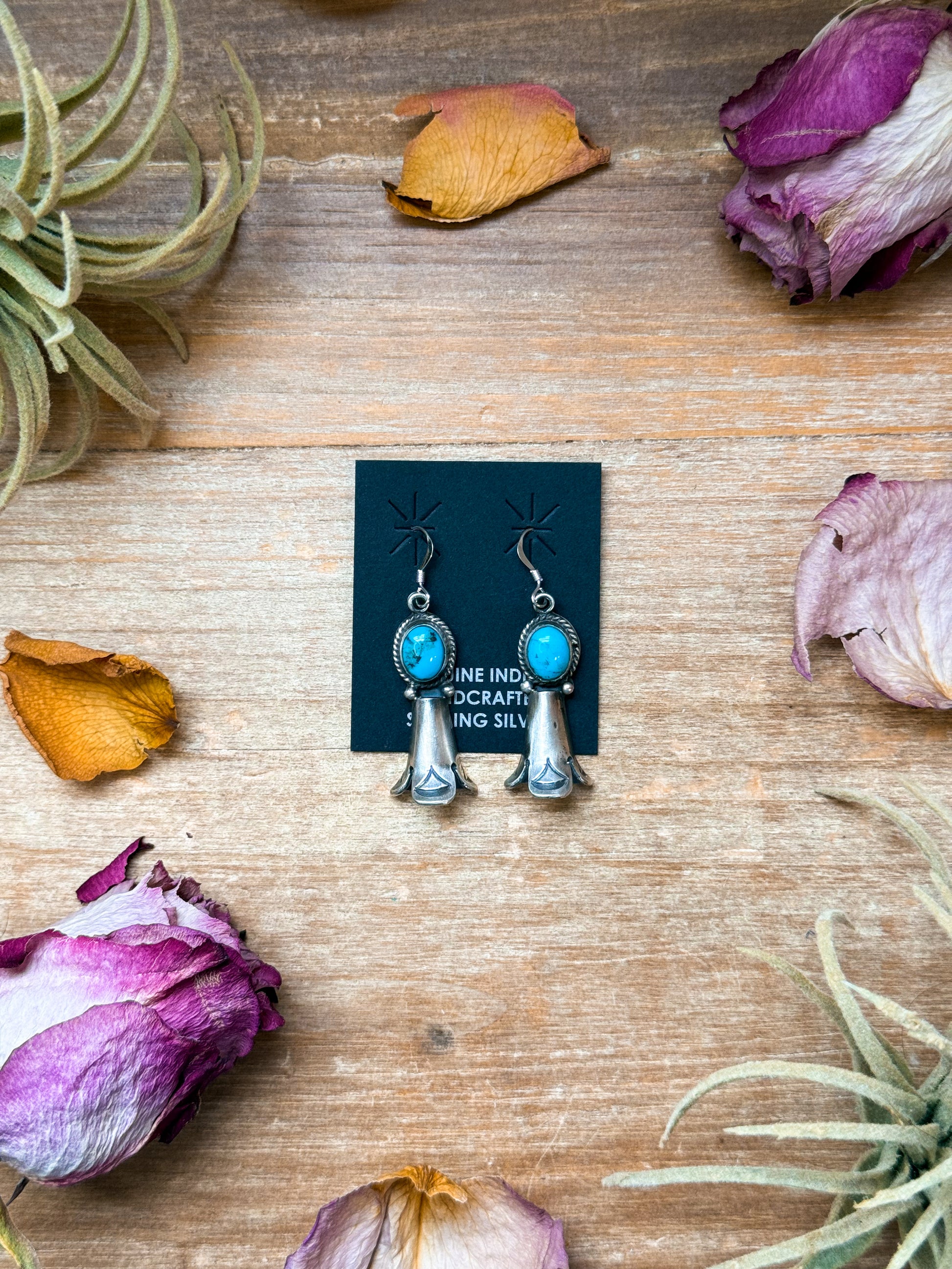 Sterling silver blossom dangle earrings with Kingman turquoise, Native made, stamped Sterling, handmade in USA