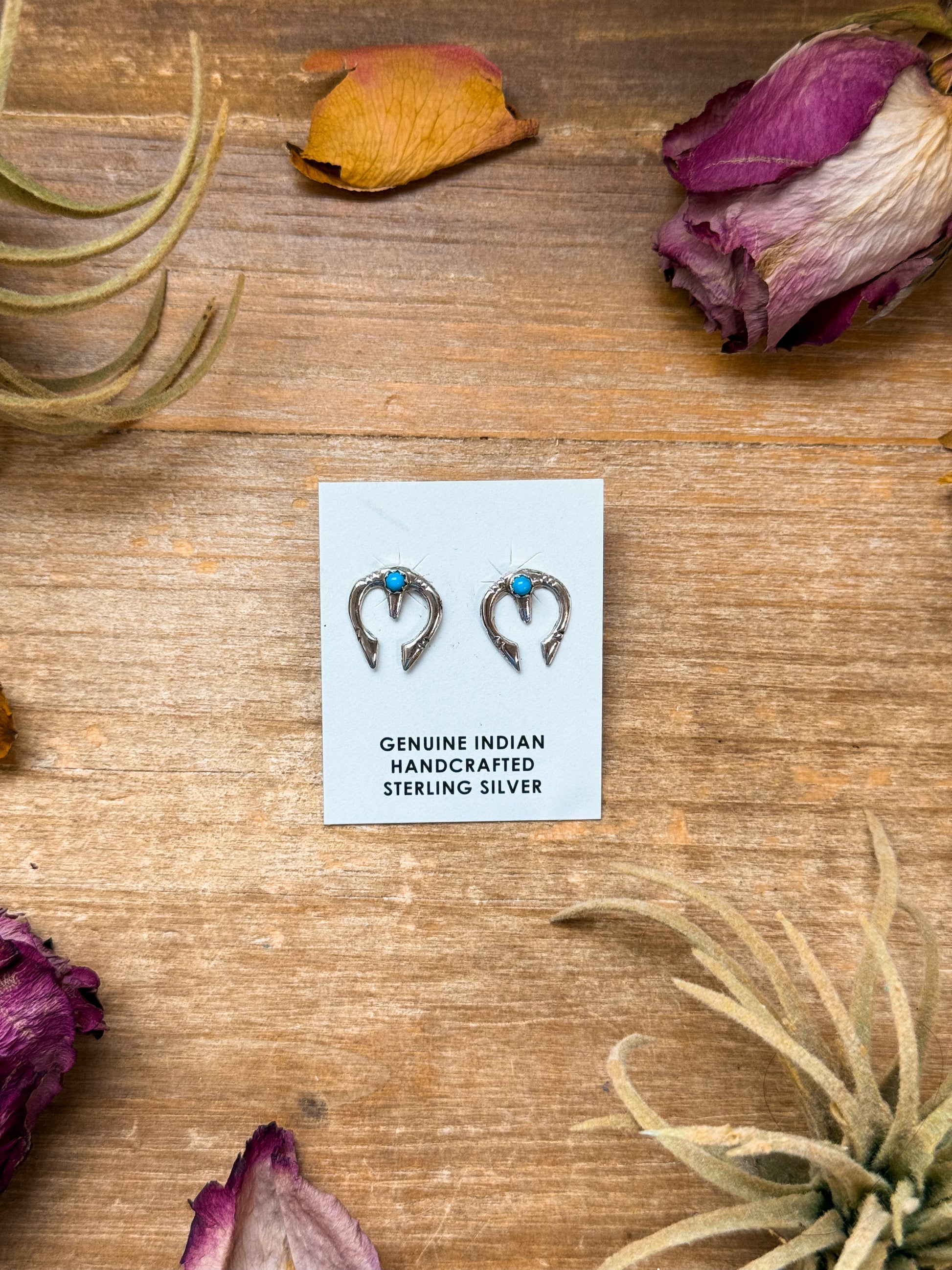 Sterling silver mini Naja stud earrings with Kingman turquoise, Native made, post on top, handmade in USA