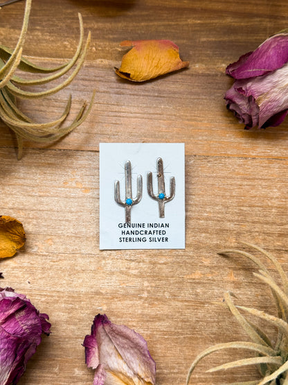 Sterling silver cactus earrings with Kingman turquoise, Native made, artist unknown, post on top, lightweight, handmade in USA