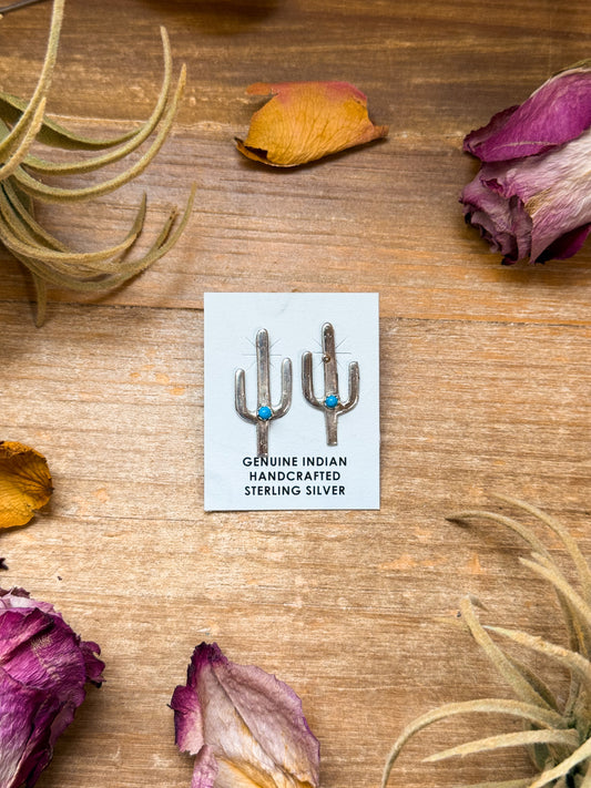 Sterling silver cactus earrings with Kingman turquoise, Native made, artist unknown, post on top, lightweight, handmade in USA
