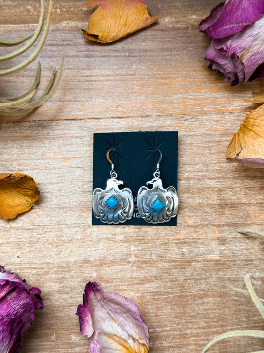 Sterling silver eagle-shaped dangle earrings with turquoise center, Native made, lightweight, handmade in USA