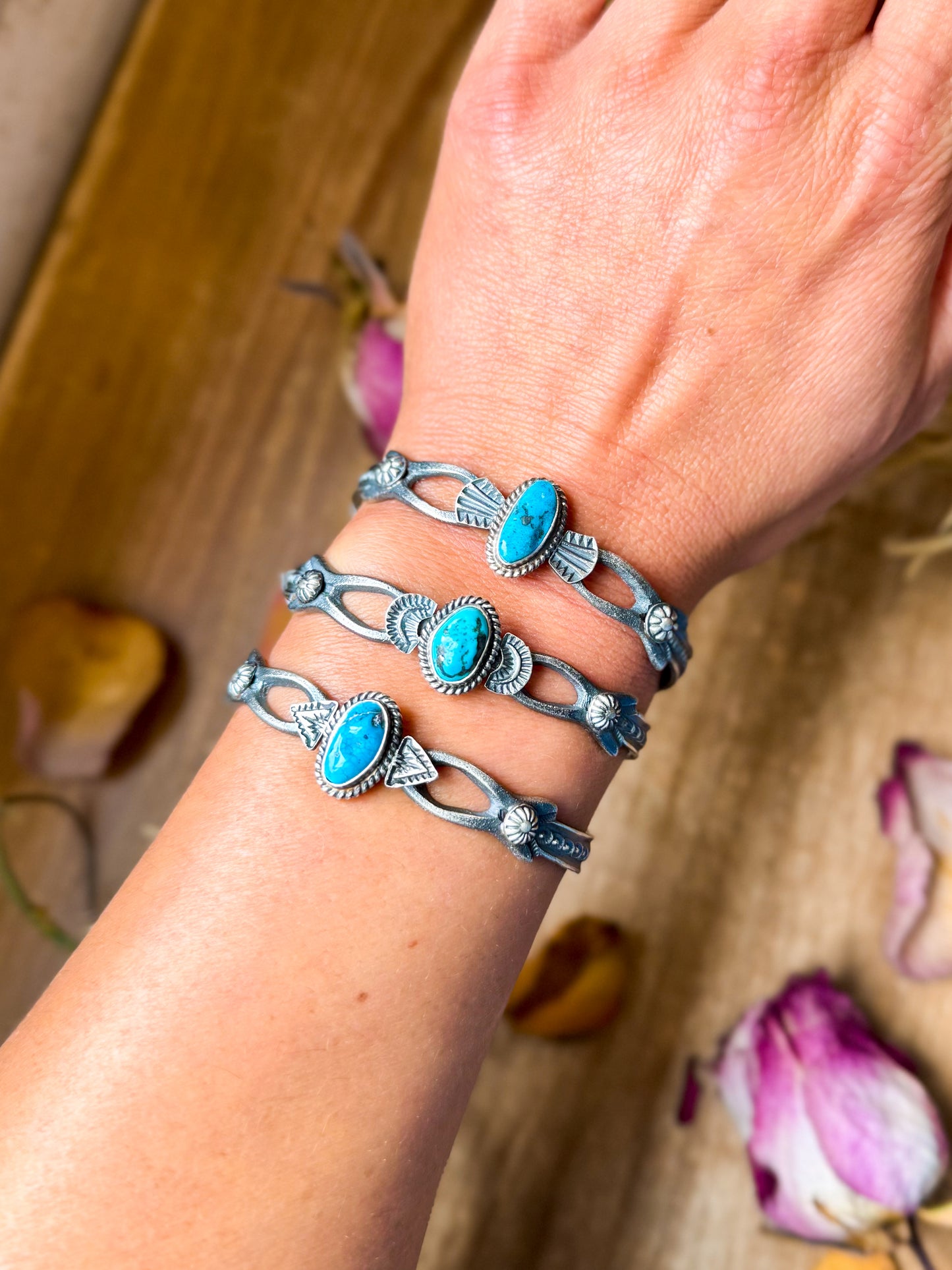 Sterling silver Kingman turquoise cuff bracelet, Native made by artist K. Billah, handmade in USA, each cuff unique