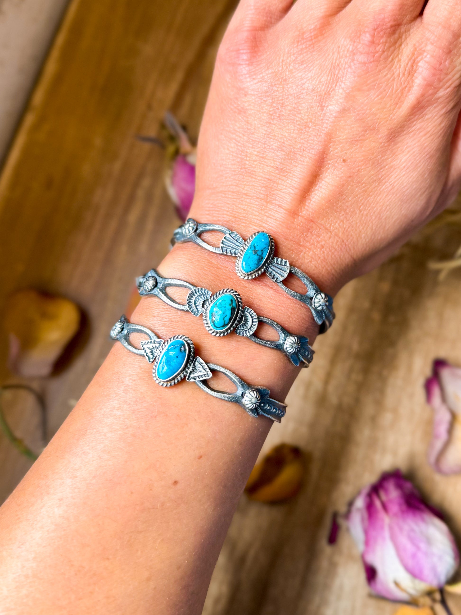 Sterling silver Kingman turquoise cuff bracelet, Native made by artist K. Billah, handmade in USA, each cuff unique