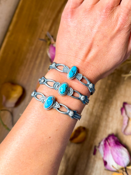 Sterling silver Kingman turquoise cuff bracelet, Native made by artist K. Billah, handmade in USA, each cuff unique