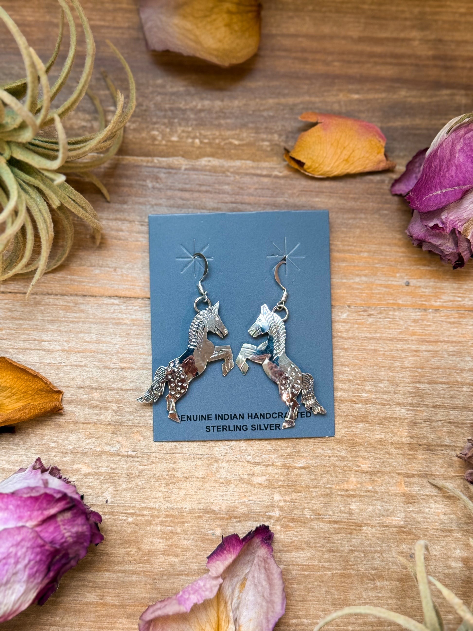 Sterling silver horse dangle earrings, Native made by artist L.Y., handmade in USA, lightweight, The Devon design
