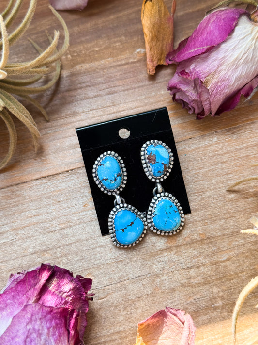 Sterling silver dangle earrings with Golden Hill turquoise stones, handmade in New Mexico, stamped Sterling