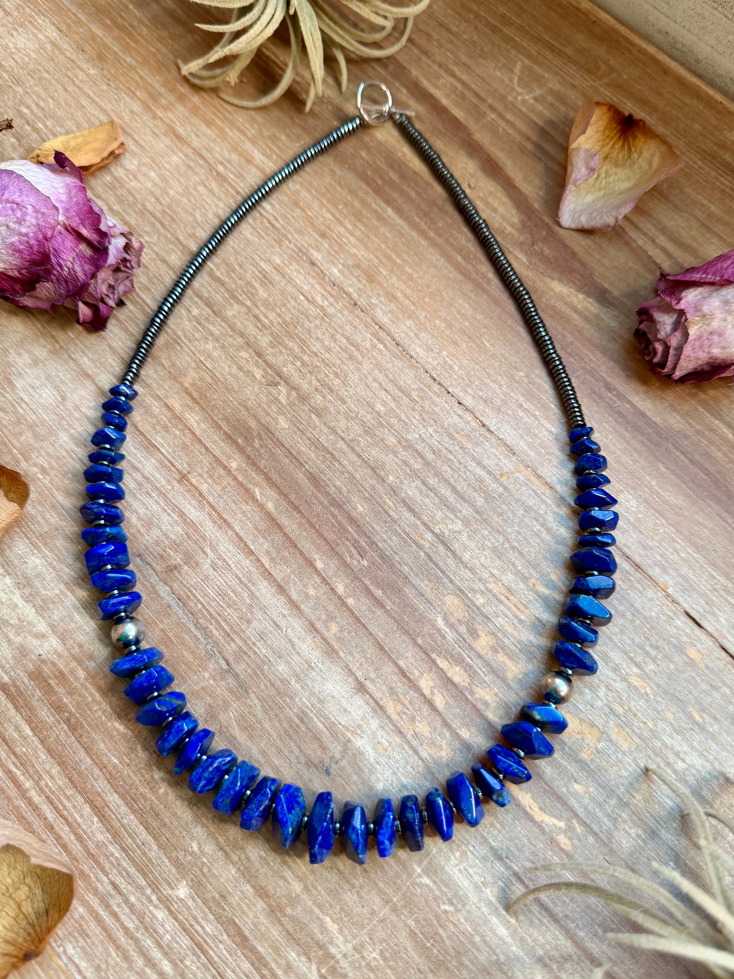 21.5-inch faceted lapis necklace with hematite spacers and sterling silver pearls, handmade by The Bijoux FAB in the USA
