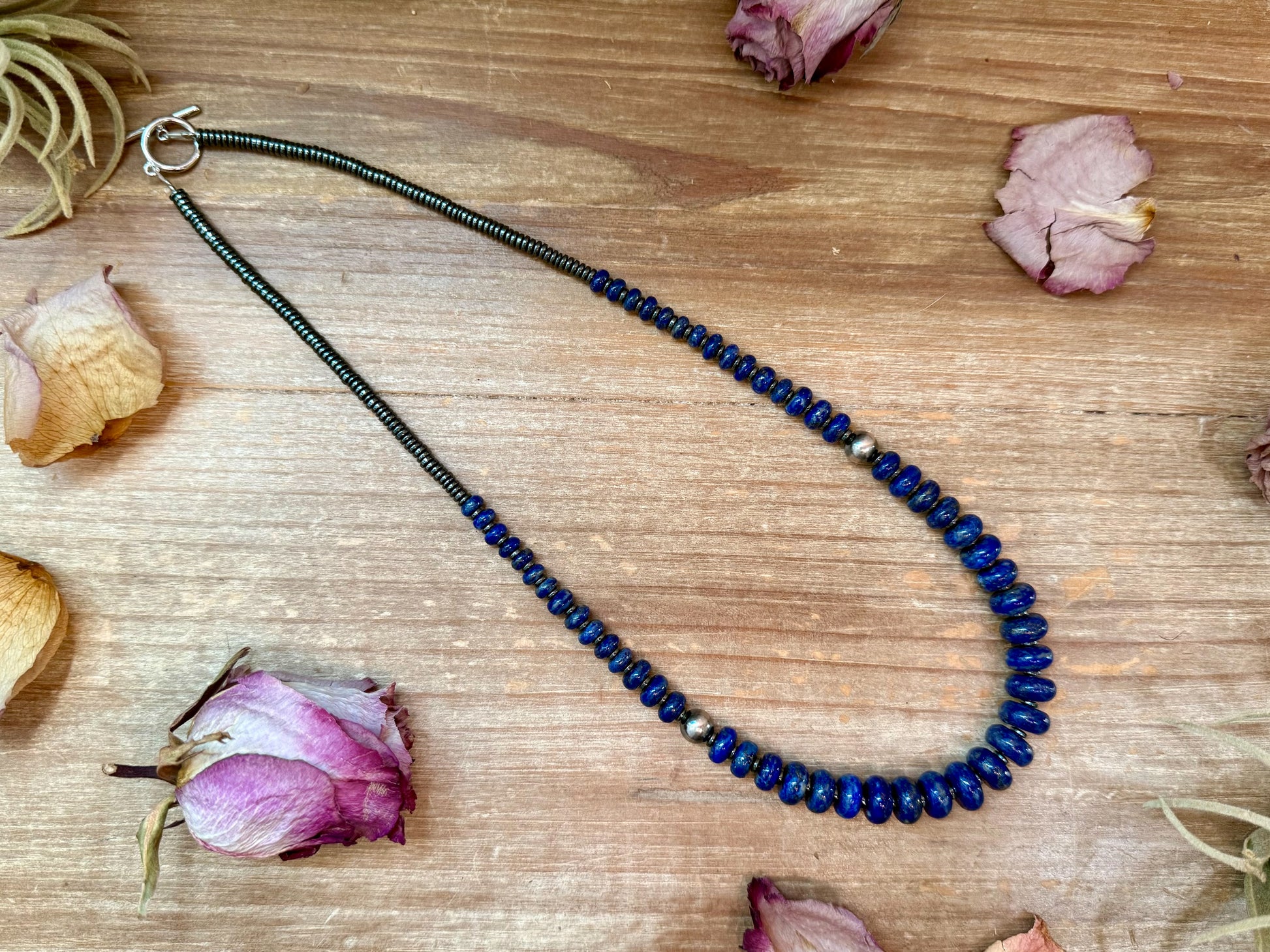 21-inch lapis rondelle necklace with hematite spacers and sterling silver pearls, handmade by The Bijoux FAB in the USA