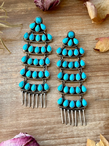 Sterling silver 5 inch Kingman turquoise dangle earrings, Native made by Navajo artist Geraldine James, stamped Sterling