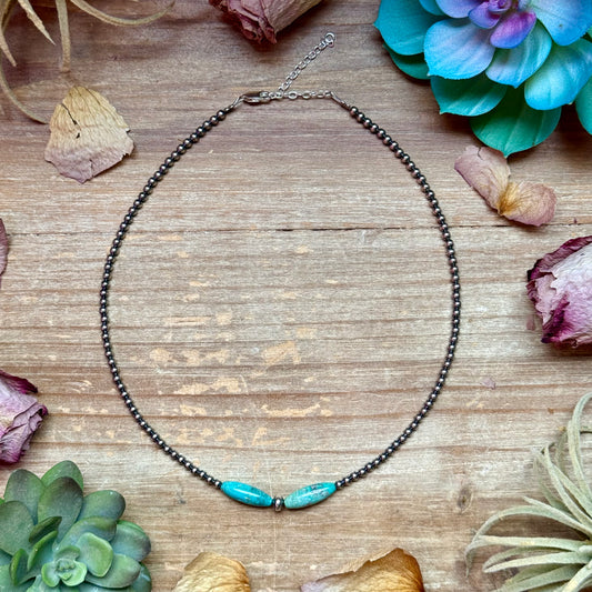 15-Inch Sterling Silver Pearl & Blue Turquoise Torpedo Choker