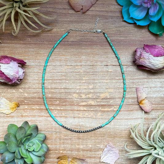 3 mm Sterling Silver Pearls choker with magnesite green turquoise heishi - western jewelry