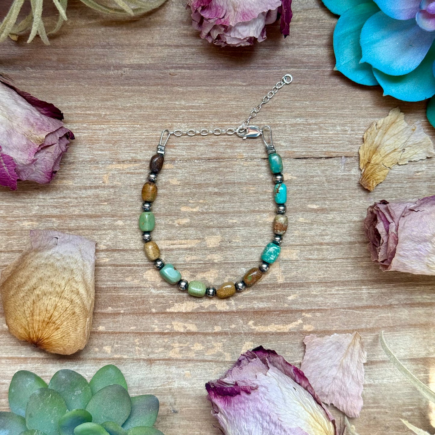 Real Turquoise  Bracelet with Sterling Silver Pearls