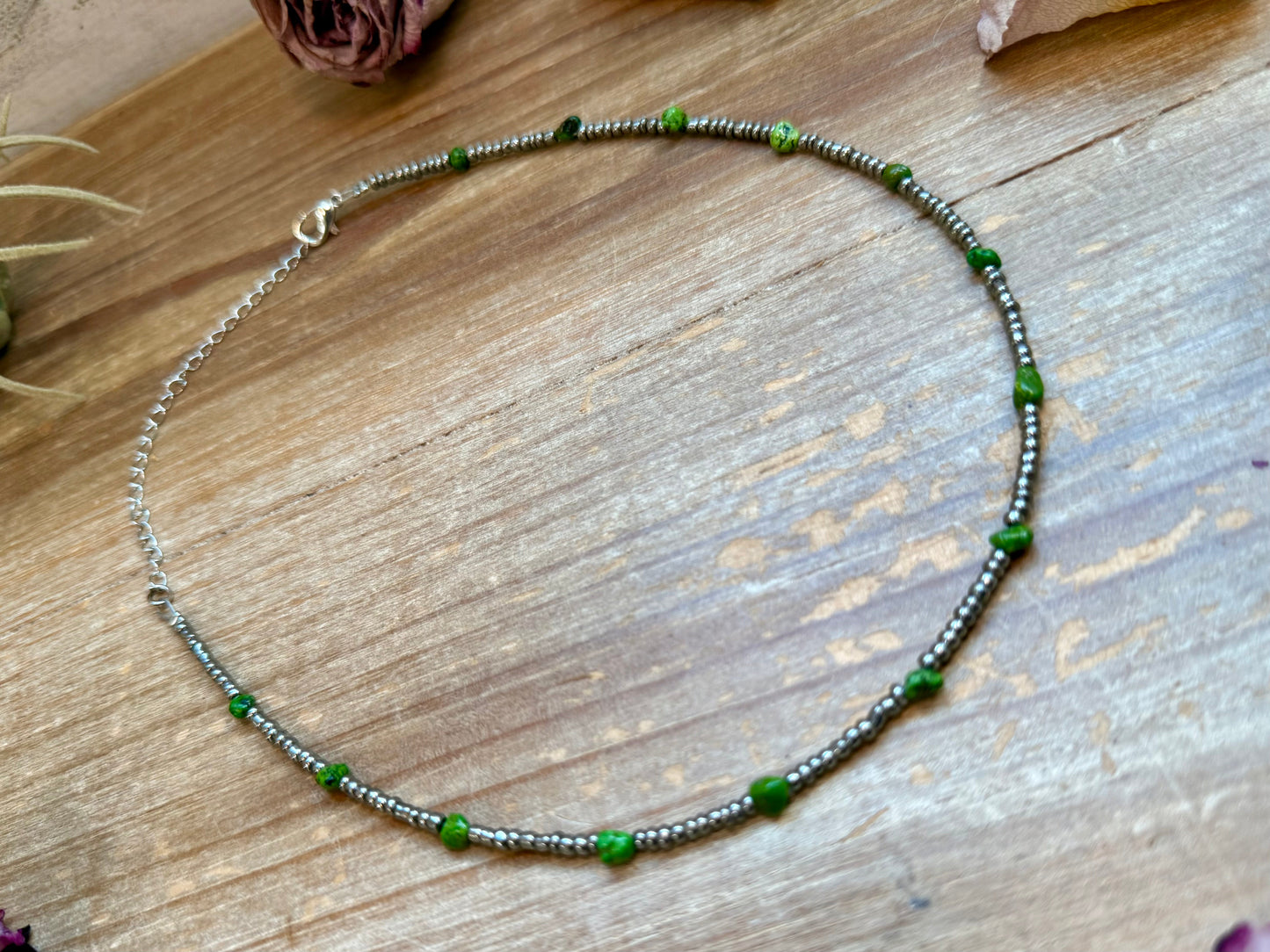 Green Turquoise Glass Seed Bead Necklace – 14 Inch