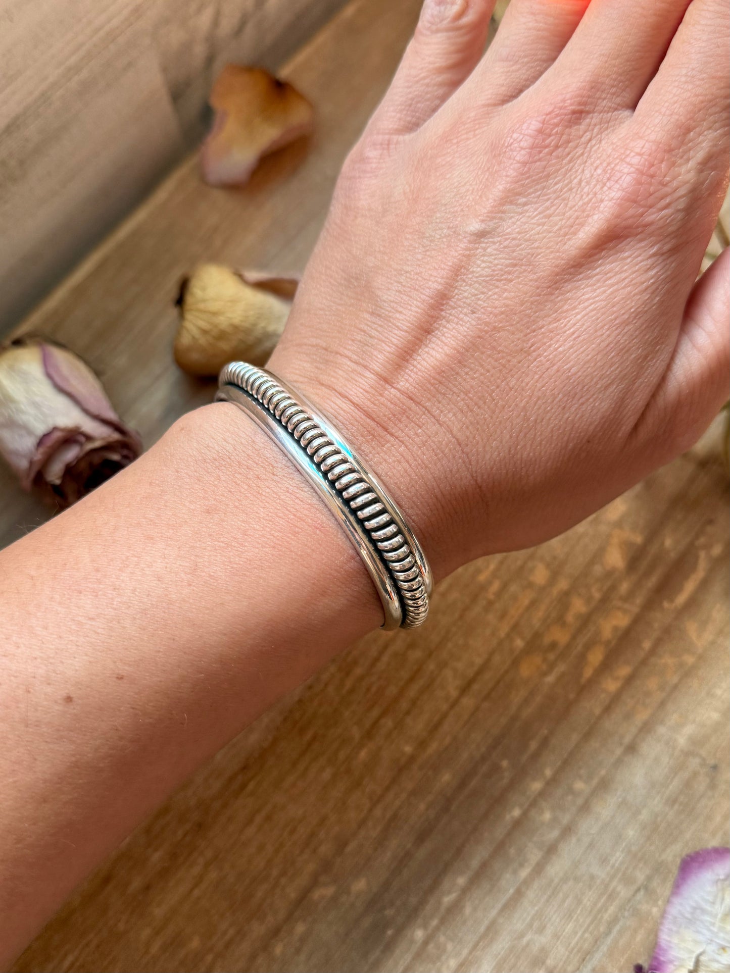 Heavy-duty sterling silver cuff bracelet, Native made, small wrist friendly with slight give, perfect stacker, handmade in USA