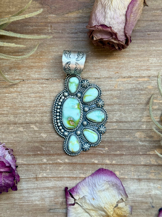 Sterling silver half cluster pendant with Palomino Variscite, handmade by artist Shay Pfeiffer, fits up to 15 mm beads, made in USA