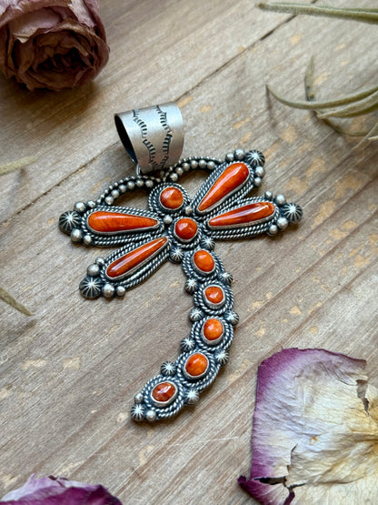 Sterling Silver Orange Spiny Oyster Dragonfly Pendant – Fits Up to 15 mm Beads – Artist Shay Pfeiffer