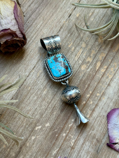 Sterling silver Blue Dream Turquoise blossom pendant handmade by Jason Ogg, fits up to 14 mm beads, stamped Sterling, USA made