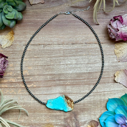 16 inch sterling silver necklace with flat turquoise centerpiece handmade by The Bijoux FAB
