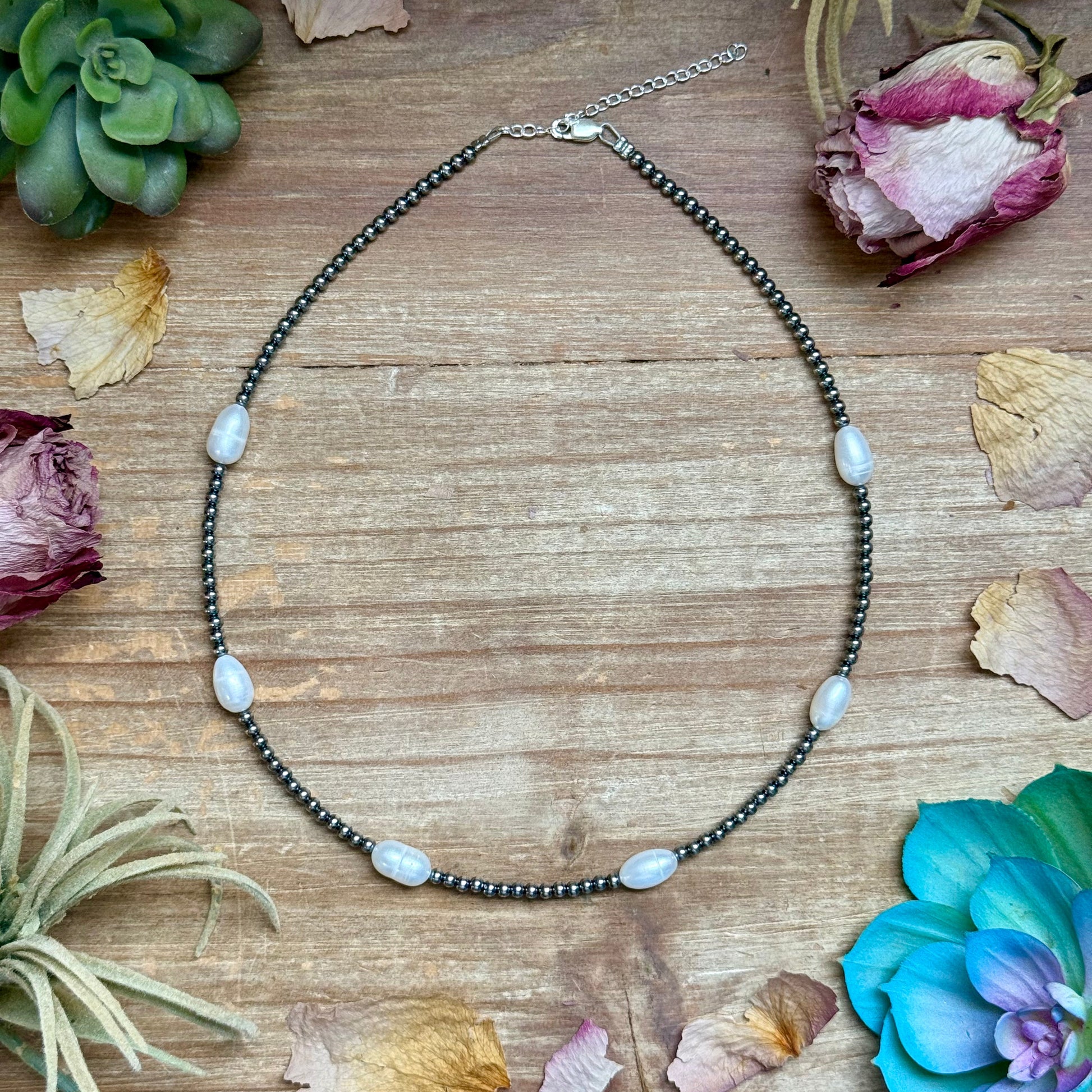 16 inch freshwater pearl necklace with sterling silver beads handmade by The Bijoux FAB
