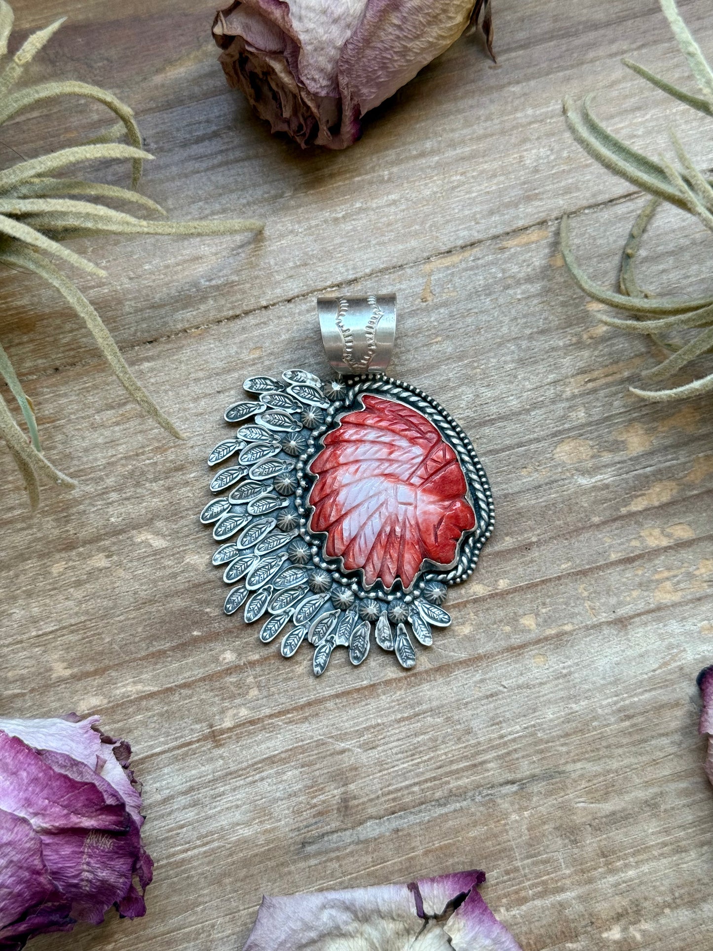 Sterling silver Chief Head pendant with Red Spiny Oyster inlay, handmade by artist Shay Pfeiffer, fits up to 10 mm beads, made in USA