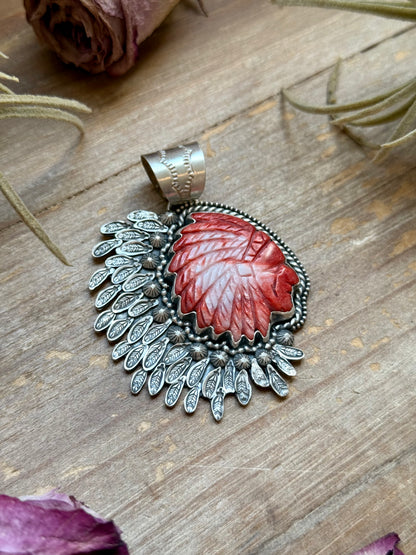 Sterling Silver Red Spiny Oyster Chief Head Pendant – Handmade by Artist Shay Pfeiffer