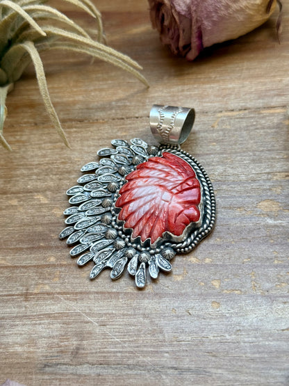 Sterling Silver Red Spiny Oyster Chief Head Pendant – Handmade by Artist Shay Pfeiffer