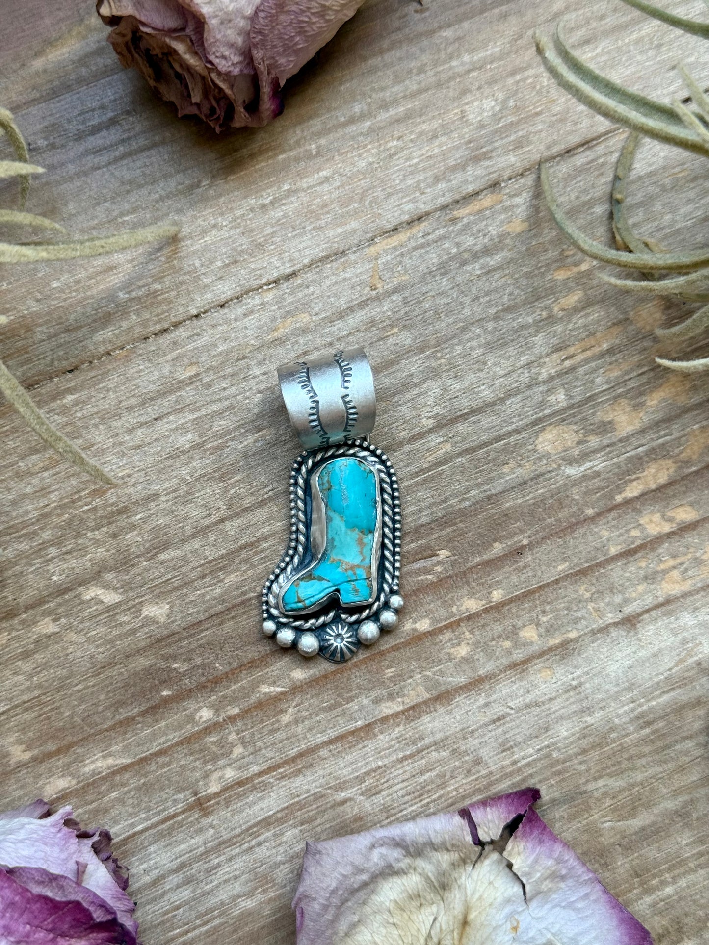 Sterling silver cowboy boot pendant with Kingman turquoise, handmade by artist Shay Pfeiffer, fits up to 10 mm beads, made in USA