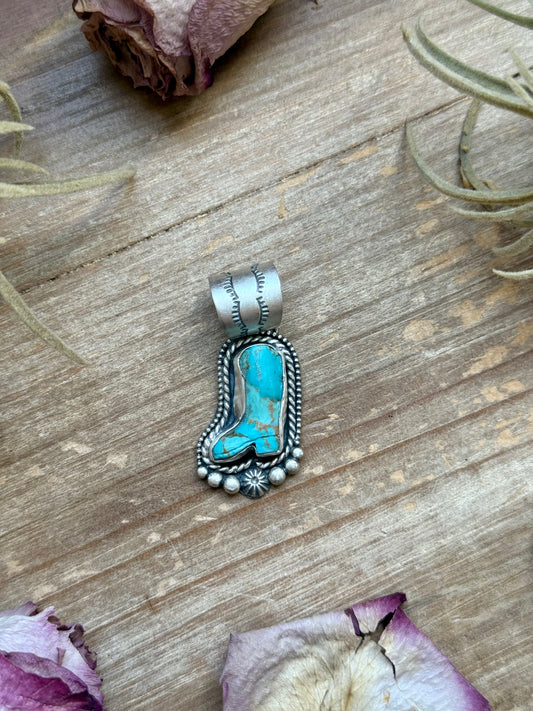 Sterling silver cowboy boot pendant with Kingman turquoise, handmade by artist Shay Pfeiffer, fits up to 10 mm beads, made in USA