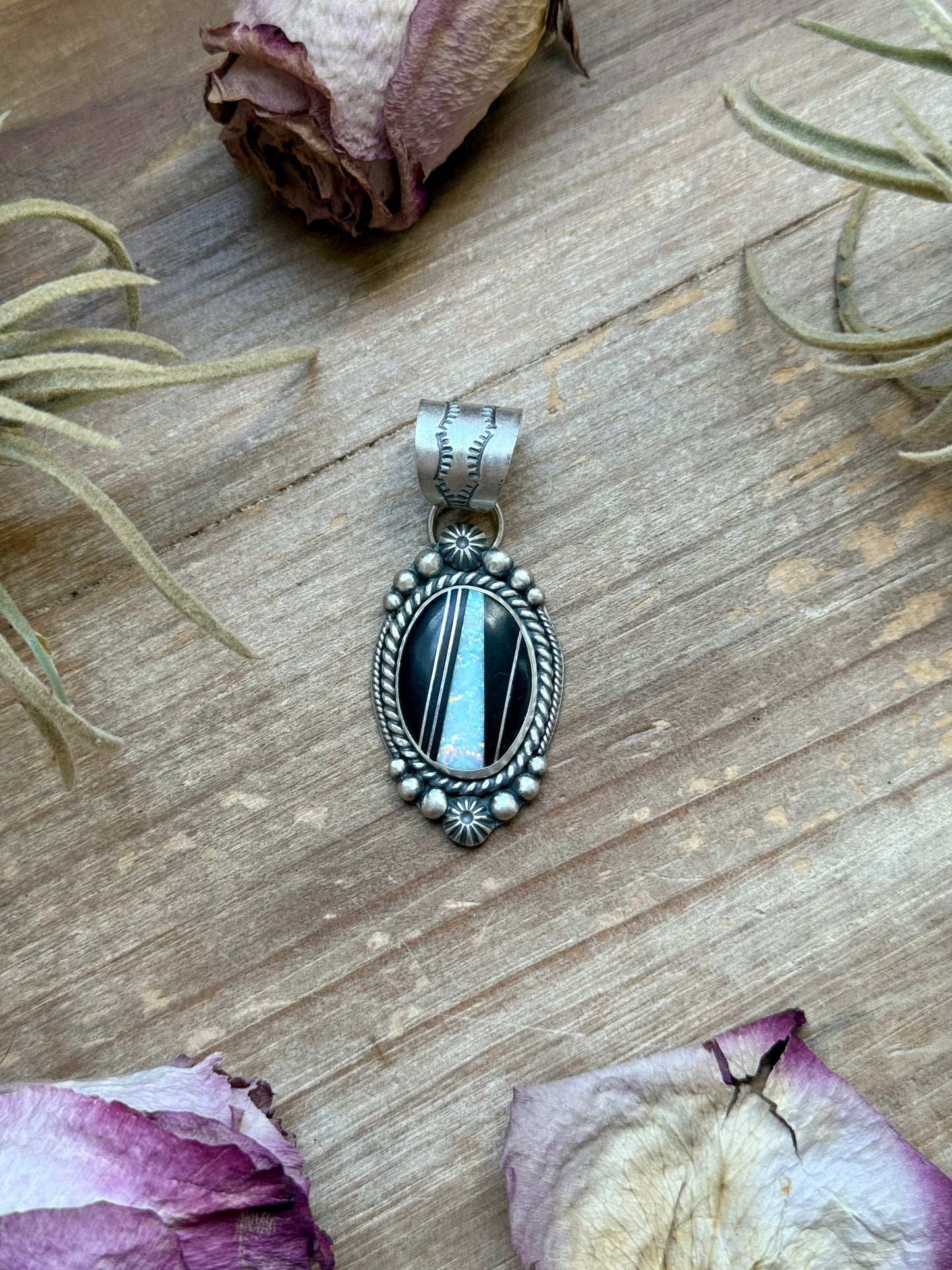 Sterling silver inlay pendant with Black Micarta and Lab Opal, handmade by artist Shay Pfeiffer, fits up to 10 mm beads, made in USA