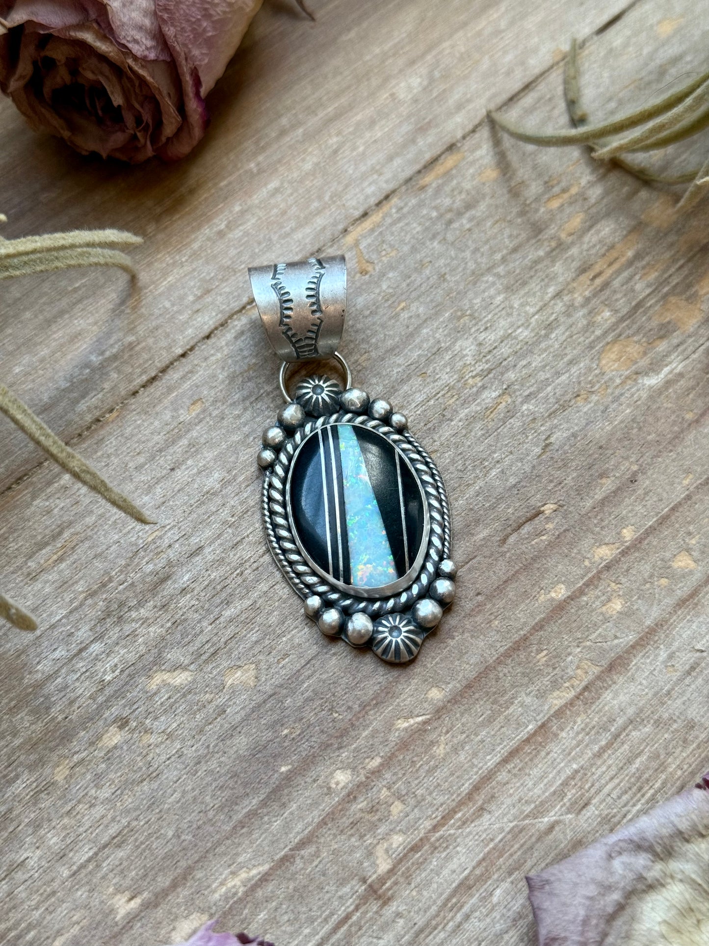 Sterling Silver Black Micarta & Lab Opal Inlay Pendant – Handmade by Artist Shay Pfeiffer