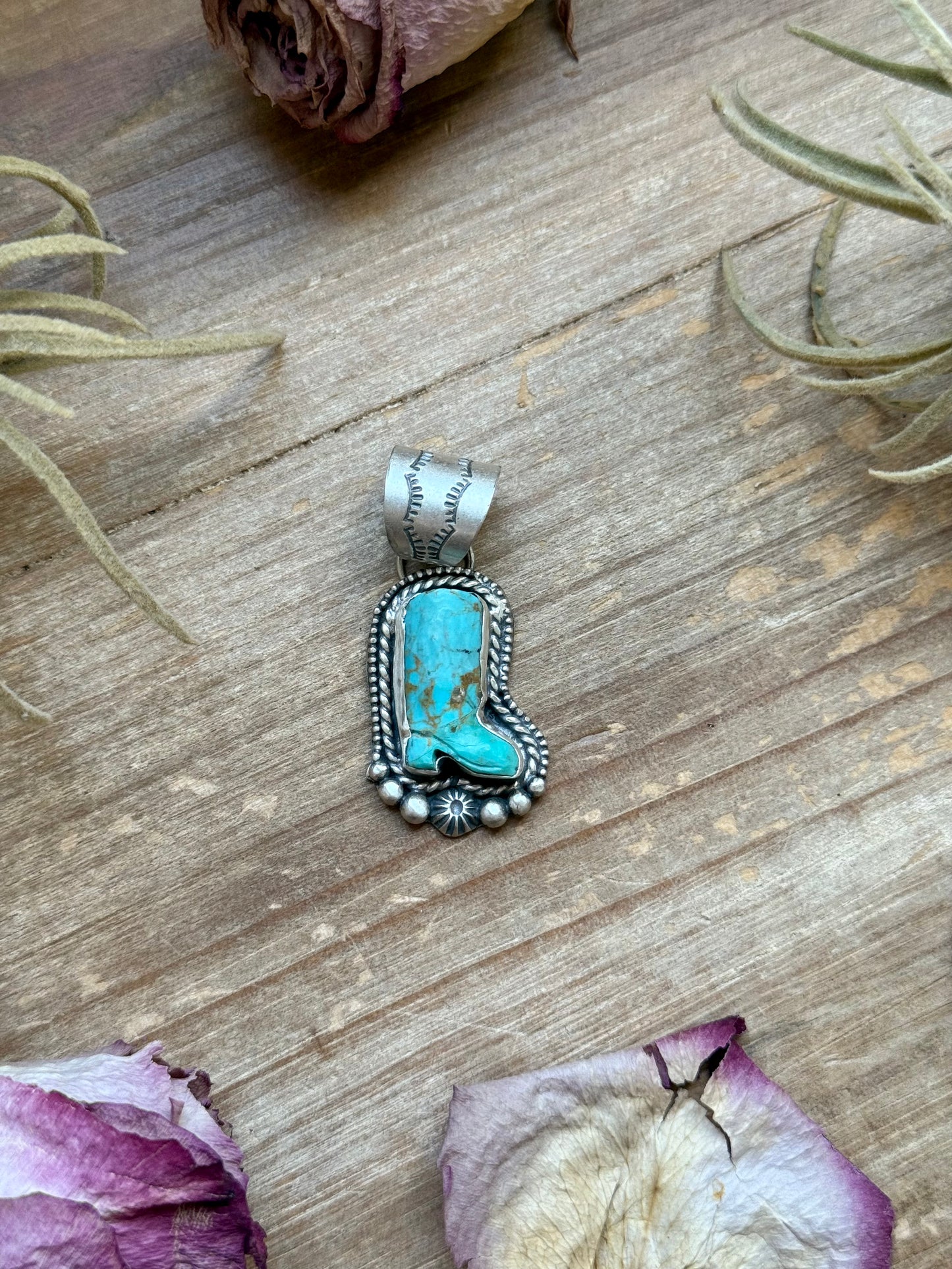 Sterling silver cowboy boot pendant with Kingman turquoise, handmade by artist Shay Pfeiffer, fits up to 10 mm beads, handmade in USA