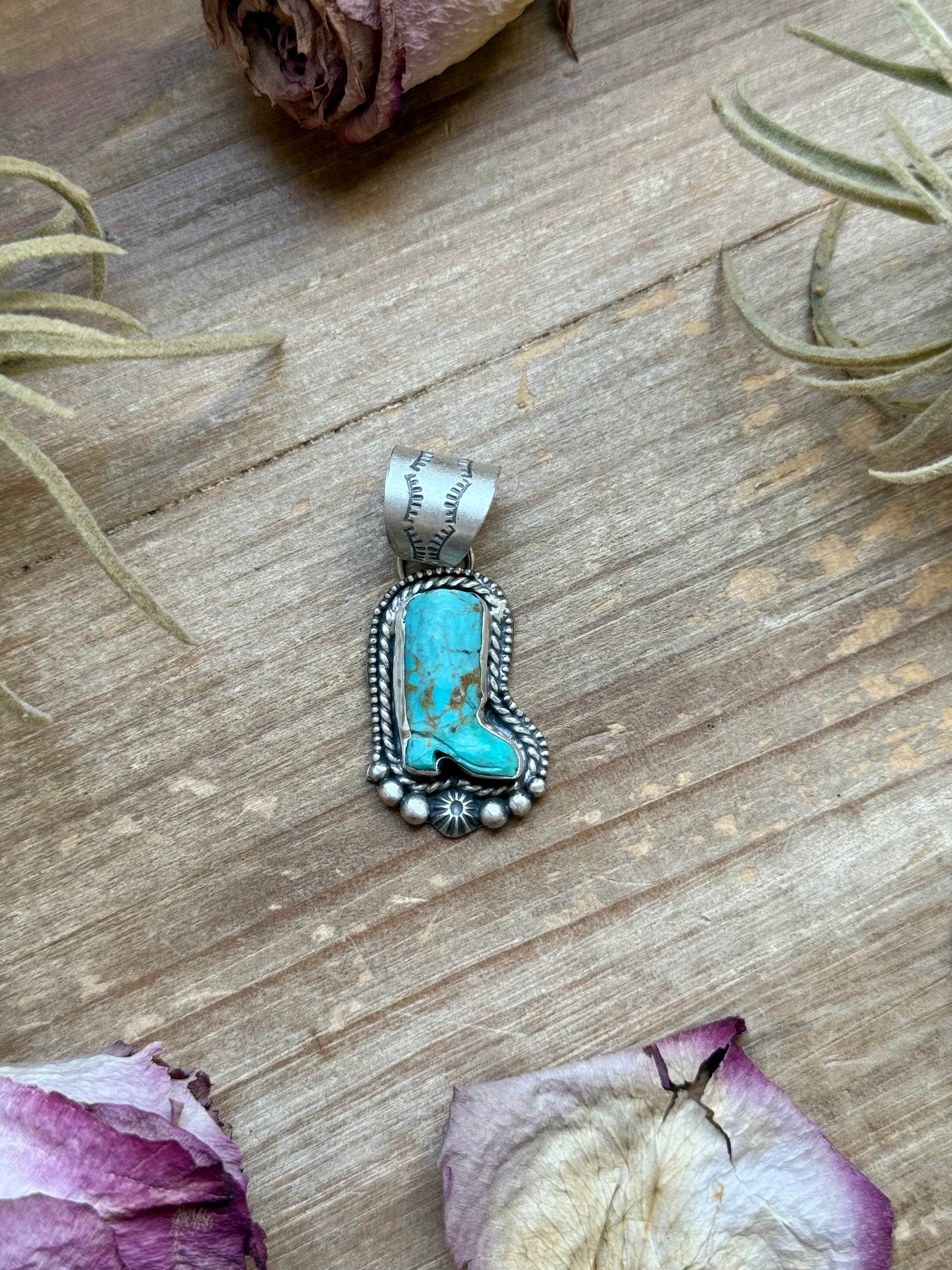 Sterling silver cowboy boot pendant with Kingman turquoise, handmade by artist Shay Pfeiffer, fits up to 10 mm beads, handmade in USA