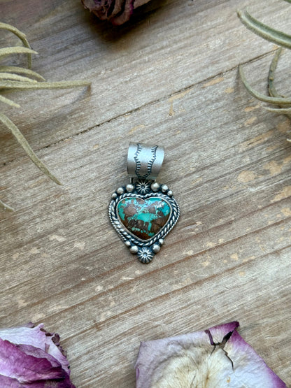 Sterling silver heart pendant with Pilot Mountain turquoise, handmade by artist Shay Pfeiffer, fits up to 10 mm beads, made in USA