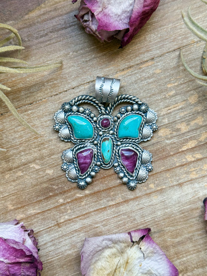 Sterling silver butterfly pendant with Kingman turquoise and purple spiny oyster, handmade by artist Shay Pfeiffer, fits 10 mm beads, made in USA