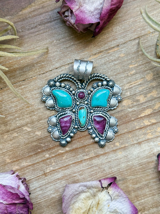 Sterling silver butterfly pendant with Kingman turquoise and purple spiny oyster, handmade by artist Shay Pfeiffer, fits 10 mm beads, made in USA